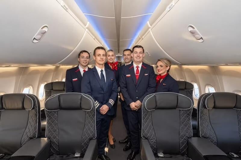 Jet2.com business-class 737 interior with crew