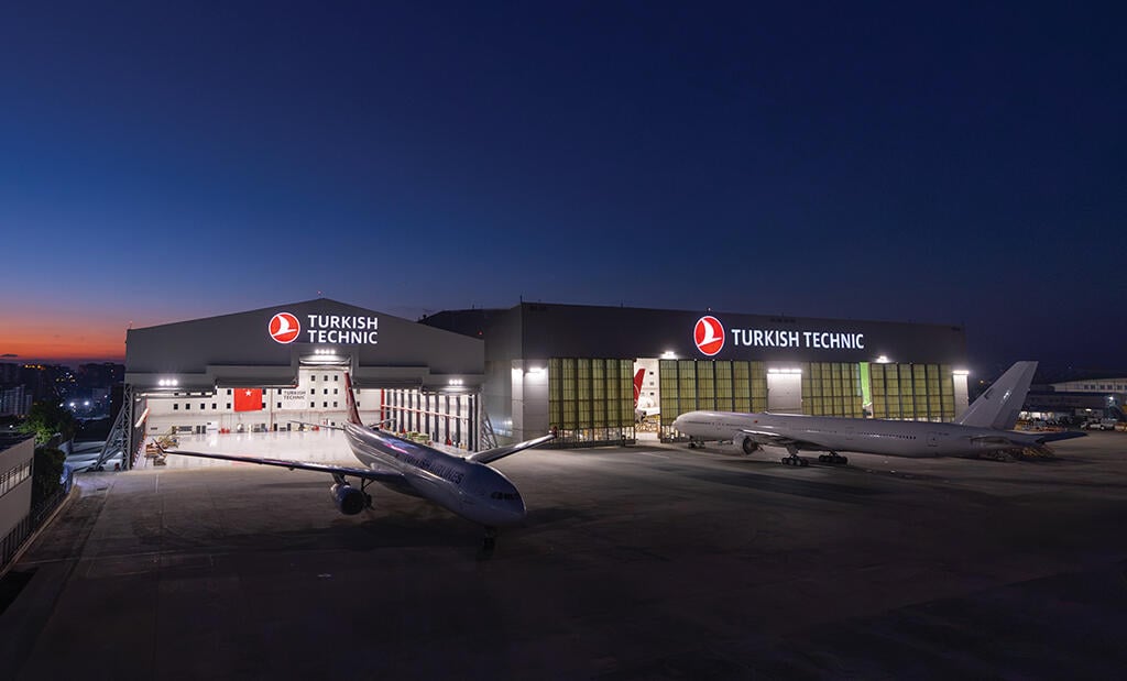 Turkish Technic hangar at night