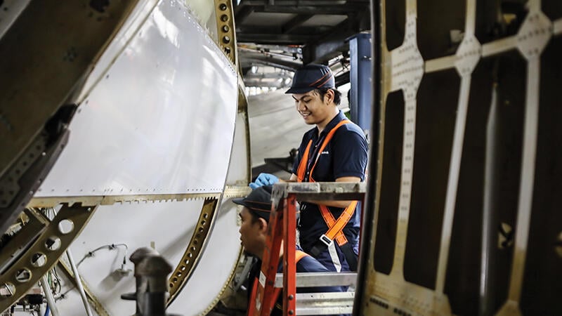 Lufthansa Technik Philippines staff performing maintenance on Airbus A380
