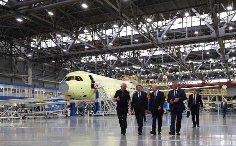 Russian President Vladimir Putin and officials tour Yakovlev MC-21 assembly line