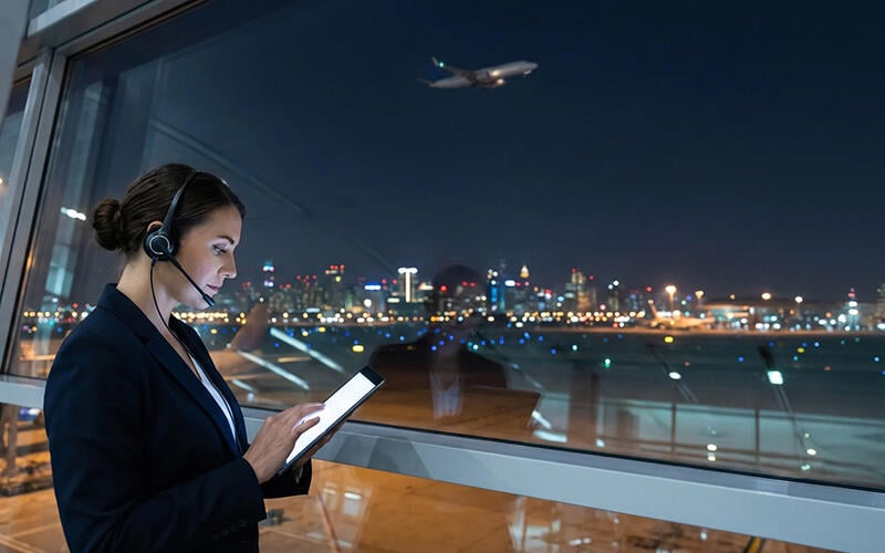 Operations manager uses tablet to arrange flights