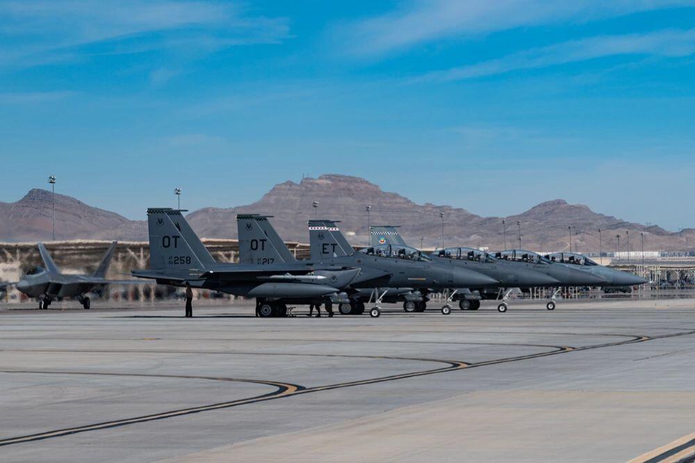 F-15s, F-15EXs and an F-22 at Nellis AFB, Nevada, in 2023.