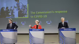 EU dignitaries Thierry Breton, Ursula von der Leyen and Didier Reynders