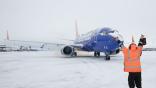 Southwest Airlines jet in snowstorm
