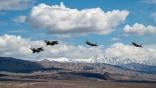 Four F-35s flying over mountains