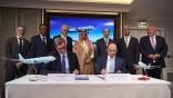 Airbus EVP commercial transactions Paul Meijers and flynas CEO Bander Al Mohanna sign the contract at Farnborough for 90 Airbus narrowbodies and widebodies.