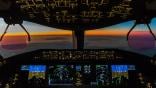 View of sunset from Boeing 787 flight deck