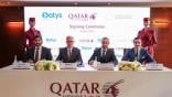 Executives from Qatar Airways, Satys Aerospace and Barzan Holdings sign an agreement at the Paris Air Show.