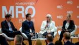 Pratt & Whitney’s Keren Rambow (center right) speaking at MRO Europe alongside Iberia Maintenance’s Fernando Comenge (left), ITP Aero's Alan Jones (center left) and Delta TechOps’ Christy Robinson (right).