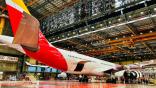 An Iberia Airbus A330-300 in the line maintenance hangar in Madrid between transatlantic flights.