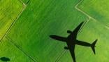 airplane flying over greens fields