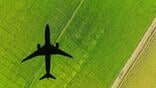 Aircraft flying with shadow over green grass