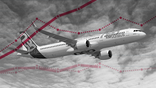 Airbus A320neo flying against line graph