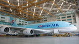 Korean Air Airbus A380 inside a large maintenance hangar