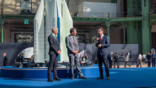 Arianespace Caption Amazon Leo exec Gerd Weber (left), French Research Minister Philippe Baptiste (center) and Arianespace CEO David Cavaillolès during Ariane 6 launch order announcement. 