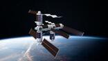 A digital rendering of the completed Axiom Station, which includes the Payload Power Thermal Module, Habitat 1, an airlock, Habitat 2, and the Research and Manufacturing Facility. Axiom Space