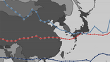 line graphs over map of east asia