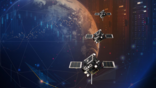 three satellites orbit Earth against dark digital network backdrop