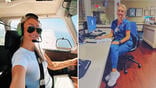 left: Lindsey Savko in the cockpit; right: Lindsey Savko in scrubs at the hospital