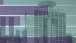 building with bar chart overlay