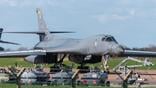 US Air Force Rockwell B-1B Lancer bomber plane taxiing for take off at RAF Fairford