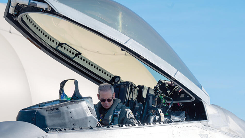 Gen. Kenneth Wilsbach in cockpit of Lockheed Martin F-22