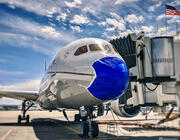 United Airlines plane with mask
