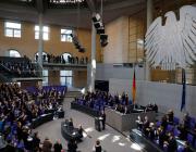 German Chancellor Olaf Scholz speaking to the Bundestag Feb. 27, 2022