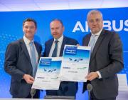 Paul Geaney, President and Chief Commercial Officer of Avolon, Andy Cronin, CEO of Avolon, and Christian Scherer, Chief Commercial Officer and Head of International at Airbus, photographed at the A330neo aircraft announcement at 2023 Paris Air Show in June