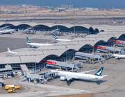 HKIA aerial view with cathay jets on tarmac