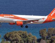 EasyJet aircraft flying over trees