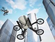 eVTOLS flying around city buildings