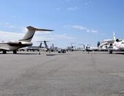 Business jets parked on the ramp at Teterboro Airport in New Jersey. 
