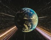 Satellite view of Earth with rays of light emanating from it