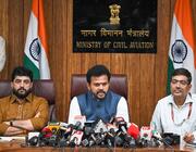  Rammohan Naidu, Minister of Civil Aviation along with Murlidhar Mohol, MOS for Ministry of Civil Aviation addressing a press conference over the Air India's plane crash at Udan Bhawan on June 14, 2025 in New Delhi, India. 