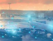 airplane surrounded by data indicators representing artificial intelligence