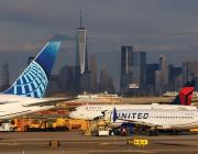 United Airlines and Delta Air Lines aircraft on runway at Newark International Airport