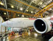 An Iberia Airbus A330 (not A350) undergoes base maintenance at the Iberia MRO facility in Madrid.