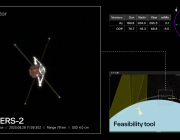 A visual of Vantor’s non-Earth imaging capabilities, to include (clockwise from left): an image collected of NASA’s TRACERS-2 satellite; intelligence insights about the spacecraft’s orientation and velocity; and Vantor’s proprietary software to assess space-to-space imagery feasibilities and plan collections. 
