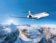Bombardier 8000 flying over snowy mountains
