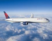 Concept of Delta Air Lines Boeing 787 flying above clouds