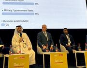 (From left): James Pozzi, Ziad Al-Hazmi, Fraser Currie, Mahesh Kumar and Tej Mehta during a panel at MRO Middle East 2026.