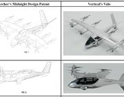 Side-by-side illustrations of the design similarities between Archer’s Midnight and Vertical Aerospace’s Valo were included in Archer’s patent infringement complaint filing.  Credit: Archer Aviation