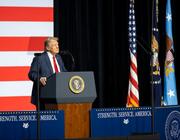 President Donald Trump speakers to military leaders in September 2025 at Marine Corps Base Quantico, Virginia. Defense Department photo.