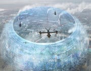 Defense aircraft soaring above an animated shield