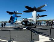 Joby’s S4 aircraft at the West 30th Street Heliport in Downtown Manhattan on April 27.  Credit: Ben Goldstein/Aviation Week Network