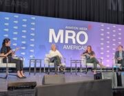 Aviation Week’s Christine Boynton (left) moderates an AI-focused panel at MRO Americas with (from left) Alice Belcher, Nicole Austin and Stephen Snyder.