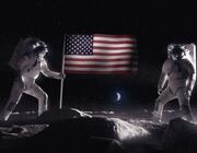 Artist’s concept showing two astronauts planting an American flag at the lunar South Pole. NASA/Daniel O’Neal