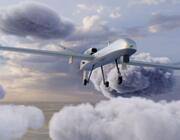 3D animation of military remotely-piloted drone flight. Combat drone launches missiles to hit military targets. 