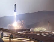 concept art of rockets taking off from futuristic Mars base